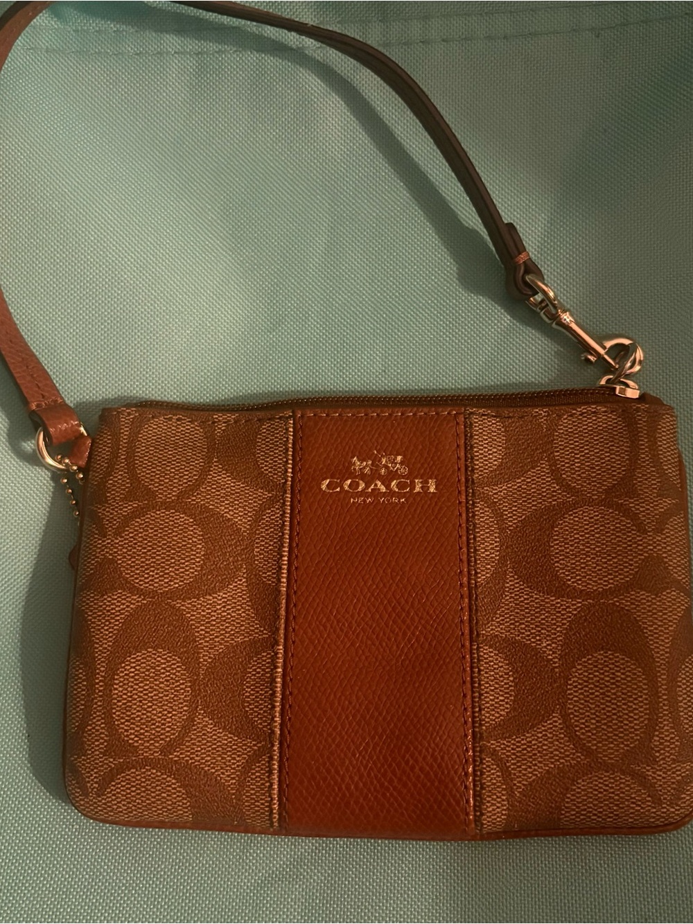 #28 Coach Brown Signature Wristlet w/ Leather Center Panel B1521-F52860